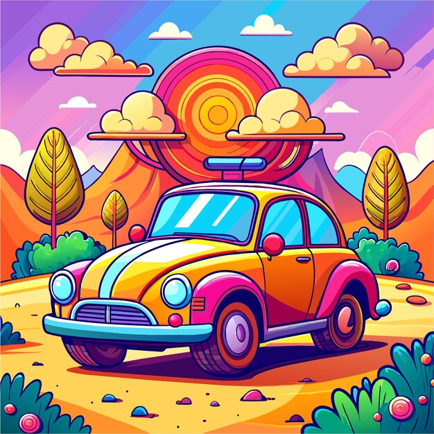 Car camper paisaje de bosque de montaña paisaje dibujado a mano personaje de dibujos animados sticker icono concepto