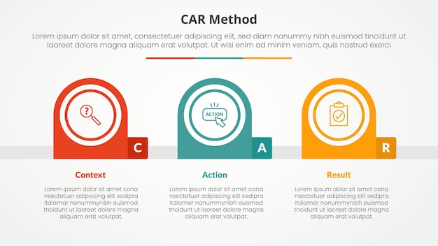 CAR interview model infographic concept for slide presentation with creative round circle horizontal with 3 point list with flat style