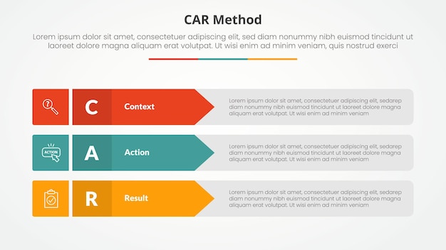 CAR interview model infographic concept for slide presentation with rectangle arrow stack with 3 point list with flat style