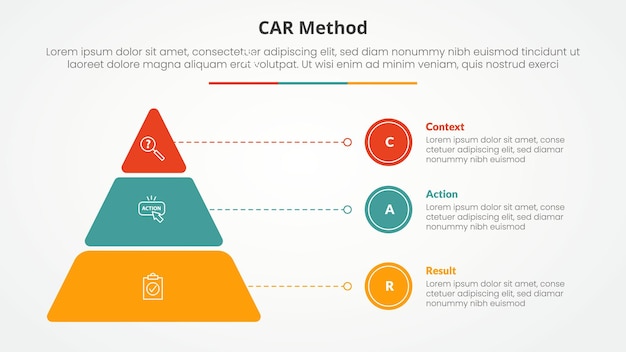 CAR interview model infographic concept for slide presentation with round pyramid and line pointer with 3 point list with flat style