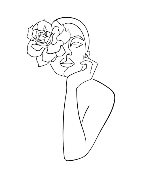 Cara abstracta con flor rosa por una línea de dibujo ilustración vectorial