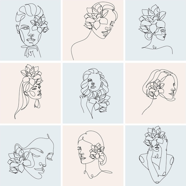 Cara abstracta con flores por un dibujo lineal Retrato estilo minimalista Estampado botánico Símbolo de la naturaleza de los cosméticos Arte de línea continua moderno Estampado de moda Lienzo