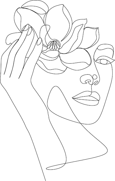 Cara abstracta con flores por dibujo vectorial de una línea Retrato estilo minimalista