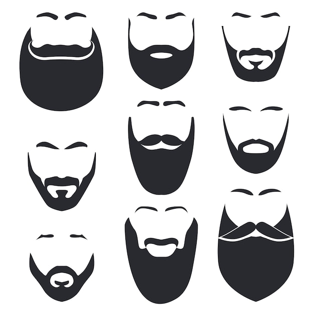 Cara aislada con bigote y barba conjunto de logotipos vectoriales Emblema de barbería para hombres