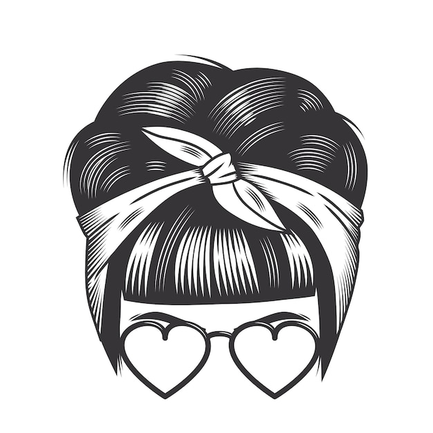 Cara de amor de mujer con peinados de moño de diadema vintage e ilustración de arte de línea de vector de gafas de sol de corazón.
