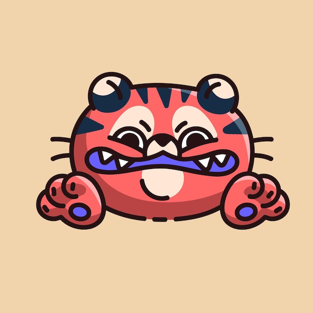 Cara de animal salvaje enojado Ataque de tigre loco con sonrisa gato peligroso en odio hocico salvaje en rabia hocico irritado con mala emoción y expresión Etiqueta engomada linda del niño Ilustración vectorial aislada plana