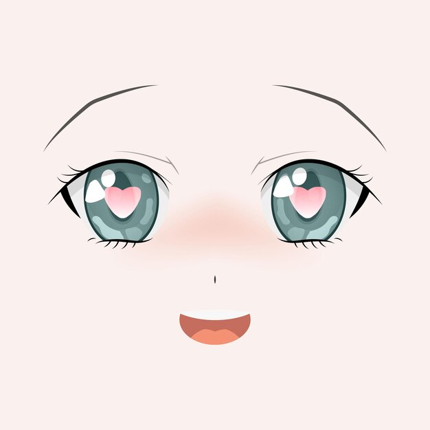 Cara de anime feliz estilo Manga grandes ojos verdes nariz pequeña y boca kawaii Ilustración de vector dibujado a mano aislado en blanco