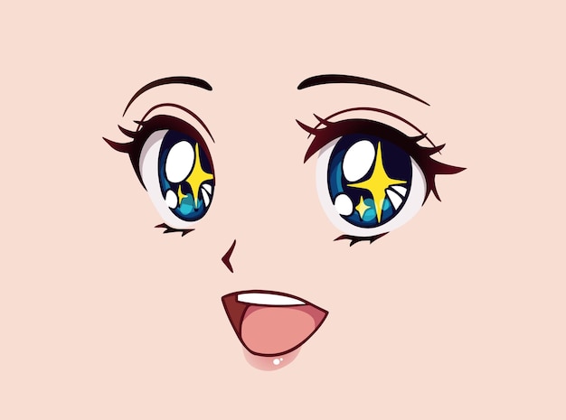 Vector cara de anime feliz. grandes ojos azules estilo manga, naricita y boca grande kawaii. el amarillo brilla en sus ojos. ilustración dibujada a mano.