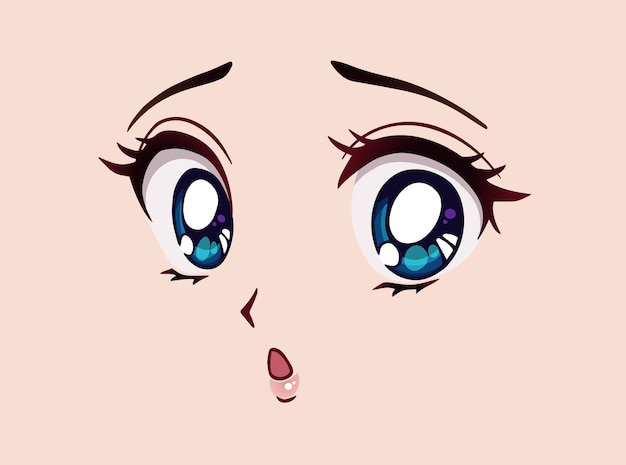 Cara de anime triste estilo manga grandes ojos azules nariz pequeña y boca kawaii