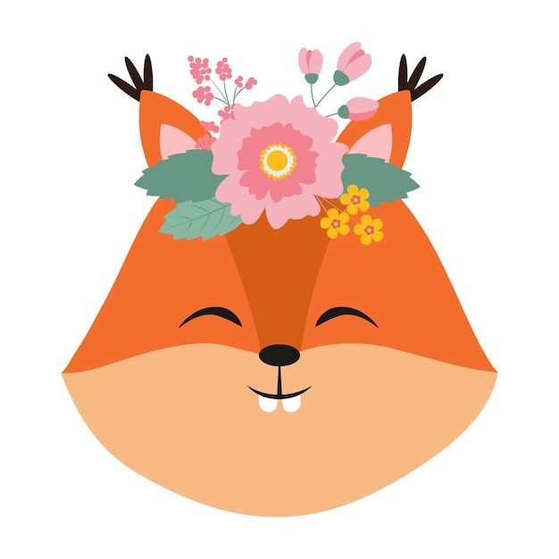 Vector cara de ardilla sonriente y linda animal del bosque de dibujos animados con flores ilustración vectorial aislada