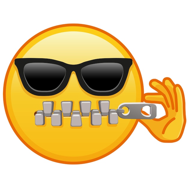 Cara de boca con cremallera con gafas de sol Gran tamaño de sonrisa de emoji amarillo