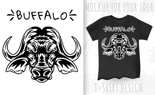 Vector cara de búfalo y camiseta en estilo monocromo vintage