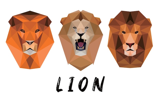 Cara de cabeza de león enojada en polígono bajo Poly Set Emblema de león rugiente Logotipo de cabeza de poligono de león