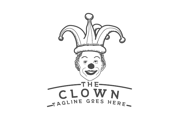 Cara de cabeza de payaso retro vintage con vector de diseño de logotipo de sombrero de cresta