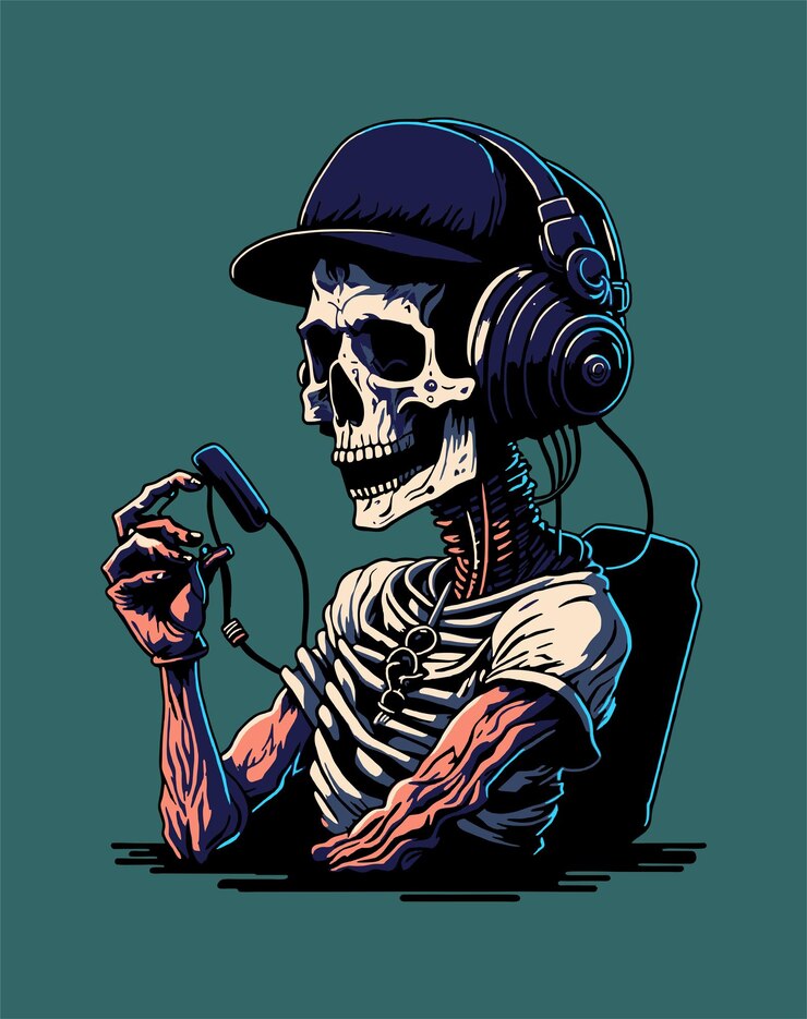 cara de calavera muerta con auriculares para marca de ropa