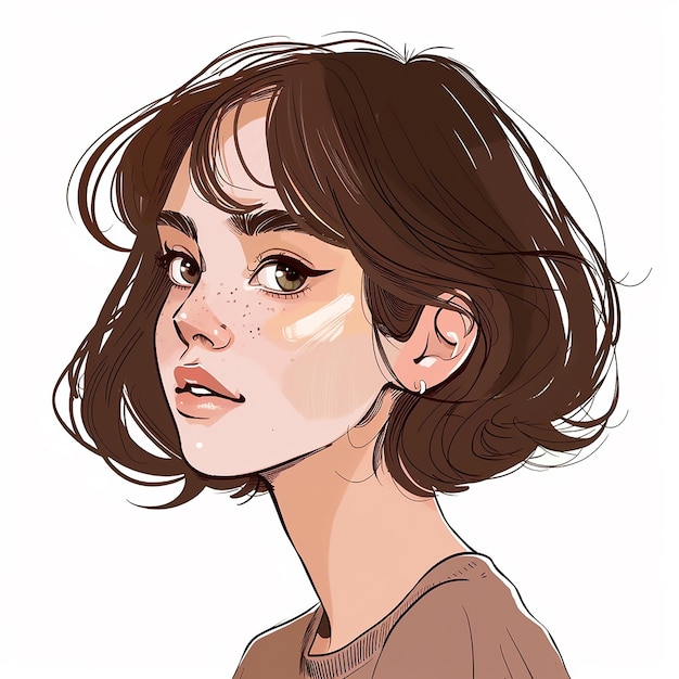 Vector cara de chica, cabello corto y marrón, estilo simple de dibujos animados.