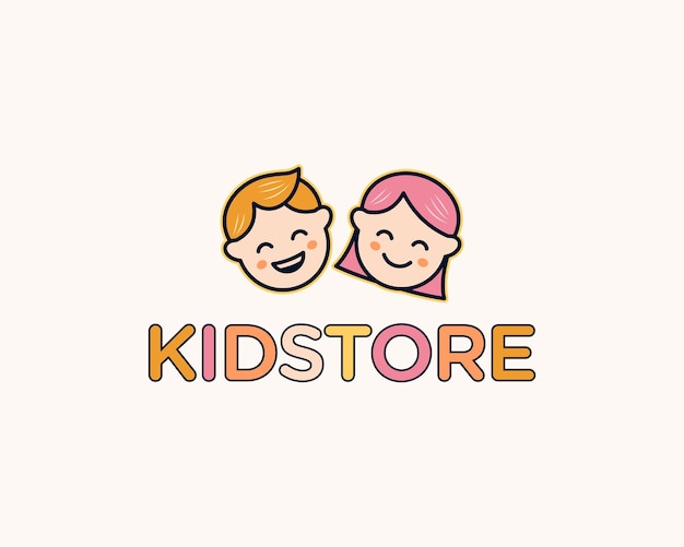 Cara de chica juguetona y alegre personaje de dibujos animados Niños Niños Tienda Diseño de logotipo vectorial Ilustración