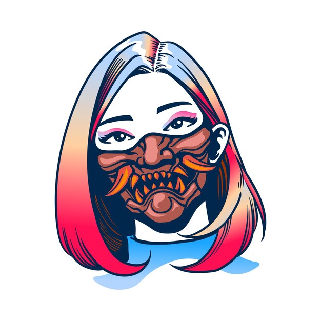 La cara de la chica samurai con la máscara de los demonios