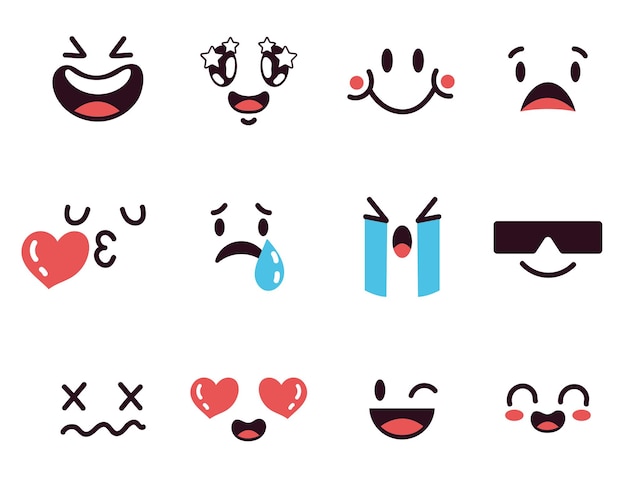 Cara de dibujos animados con diferentes emociones colección de conjuntos aislados ilustración de diseño gráfico