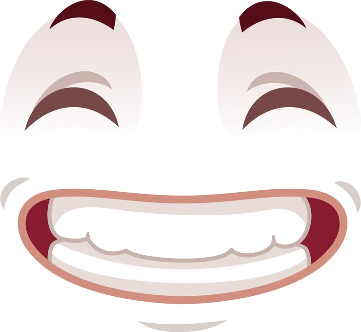 Vector la cara de dibujos animados que expresa sentimientos positivos mostrando una gran sonrisa dentada y cerrando los ojos podría usarse para transmitir felicidad alegría satisfacción o bienestar