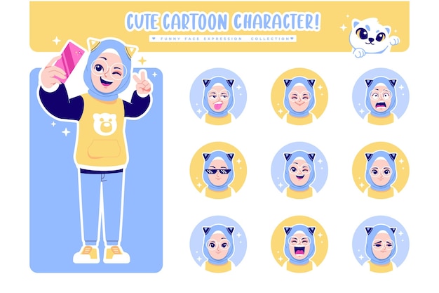 cara diferente emoción hijab niña personaje de dibujos animados colección 3