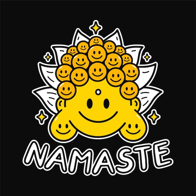 Cara divertida de buda de la sonrisa linda para el arte de la impresión de la camiseta. cita de texto de namaste. vector, línea, garabato, caricatura, gráfico, ilustración, logotipo, design., sonrisa, cara de buda, namaste, palabra, impresión, para, cartel, camiseta, concepto