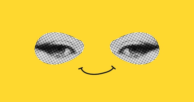 Cara divertida con ojos y un elemento de collage de sonrisa dibujado en efecto de medio tono ilustración de arte pop en