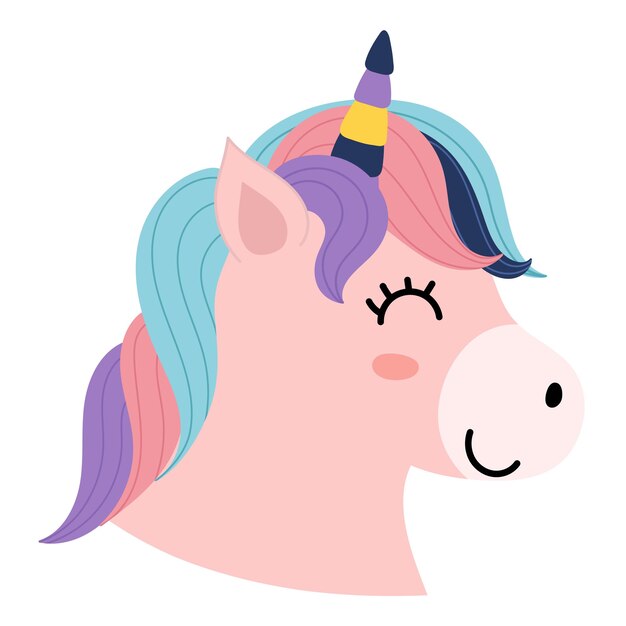 Cara divertida del personaje del unicornio del doodle aislada en el fondo blanco Etiqueta engomada linda de la cabeza de caballo