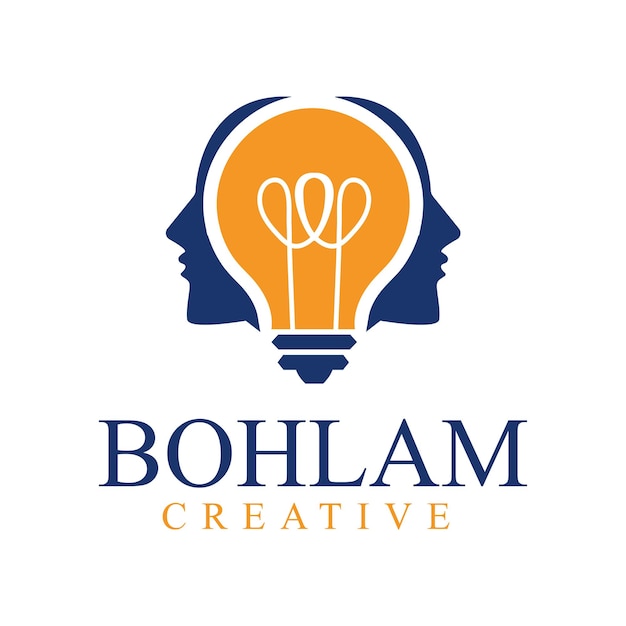 Cara de dos hombres con bombilla en el centro identidad del logotipo Creatividad humana empresa logotipo icono plantilla concepto diseño gráfico vector ilustración