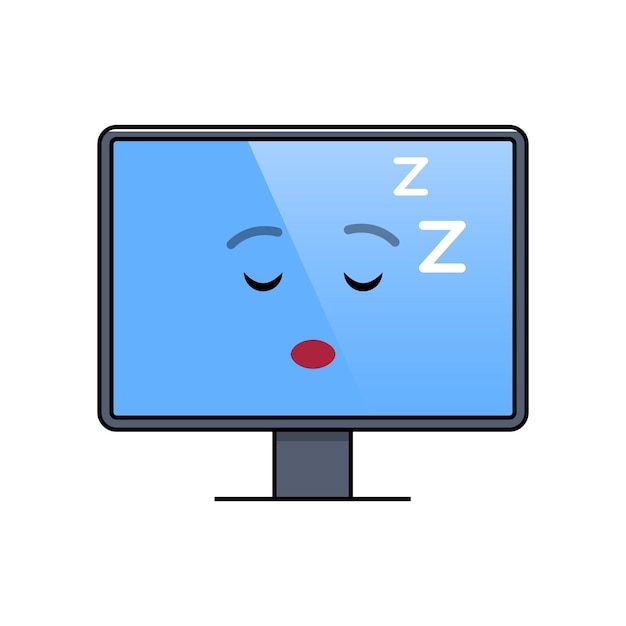 Cara durmiente en el icono de emoticono de la pantalla de la computadora Símbolo emoji de dispositivo digital relajante Comunicación social y charla Monitor cansado que muestra emoción facial Ilustración vectorial de pantalla plana animada