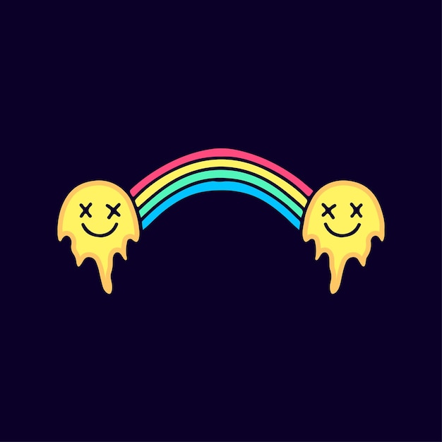 Cara de emoji derretida con dibujos animados de arco iris, ilustración para camiseta, pegatina.