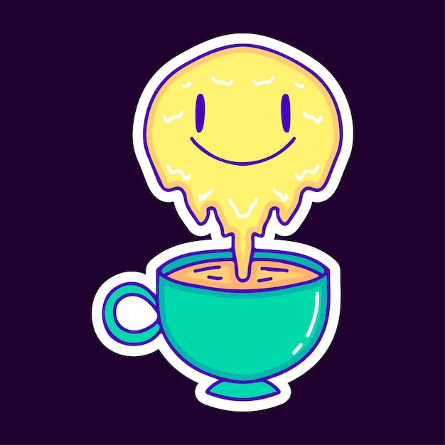 Cara emoji derretida con taza de dibujos animados de café, ilustración para camiseta, pegatina.