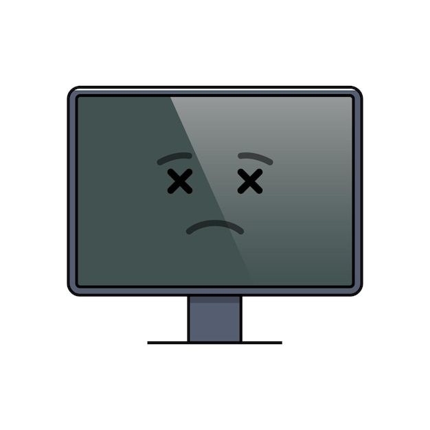 Cara fallecida en el icono de emoticono de la pantalla de la computadora Símbolo de emoticono de dispositivo digital no muerto Comunicación social y charla Monitor roto que muestra emoción facial Ilustración vectorial de pantalla plana animada