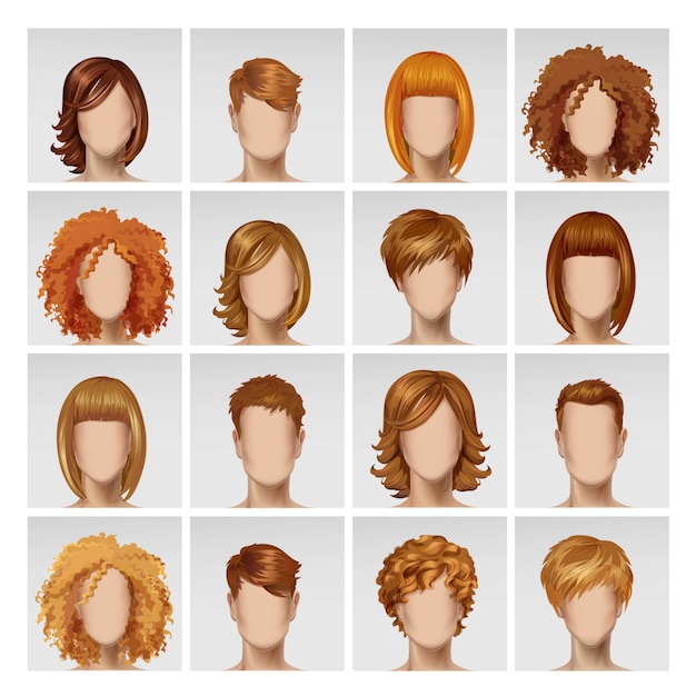 Vector cara femenina masculina avatar perfil cabeza cabello conjunto de iconos en el fondo