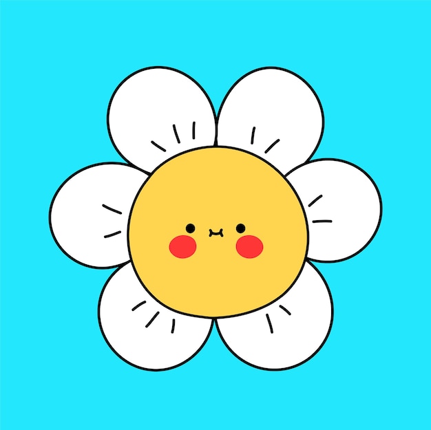Cara de flor de manzanilla divertida linda. Icono de ilustración de personaje de kawaii de dibujos animados de línea de doodle de vector. Concepto de logotipo de mascota de dibujos animados de flor de manzanilla