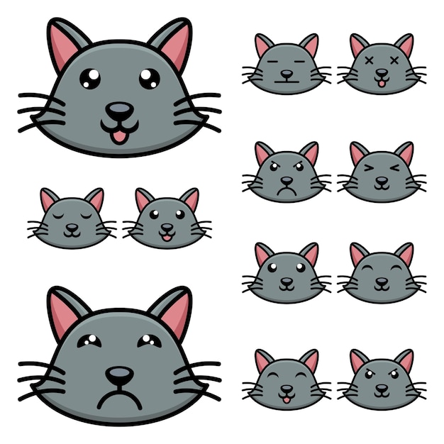 Vector una cara de gato de dibujos animados con diferentes expresiones.