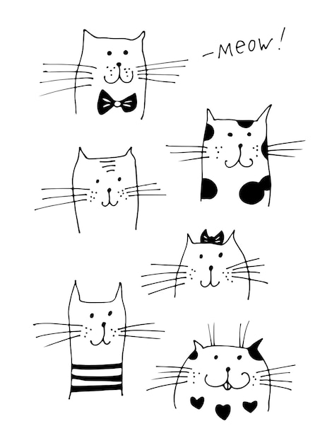 Cara de gato Ilustración vectorial Colección de gatos con texto Meow