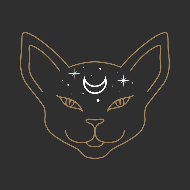 Cara de gato con luna en su línea de frente arte Wiccan espíritu familiar halloween o tema de brujería pagana tapiz diseño de impresión ilustración vectorial estilo minimalista
