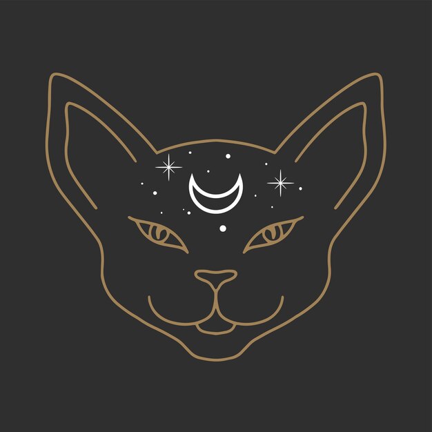 Cara de gato con luna en su línea de frente arte wiccan espíritu familiar halloween o tema de brujería pagana tapiz diseño de impresión ilustración vectorial estilo minimalista