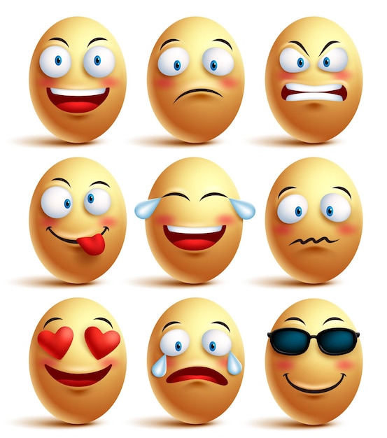 Cara de huevo vectorial conjunto de emoticonos con emociones y expresiones faciales