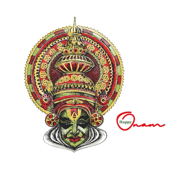 Cara de Kathakali con corona pesada decorada Ilustración de vector de boceto dibujado a mano