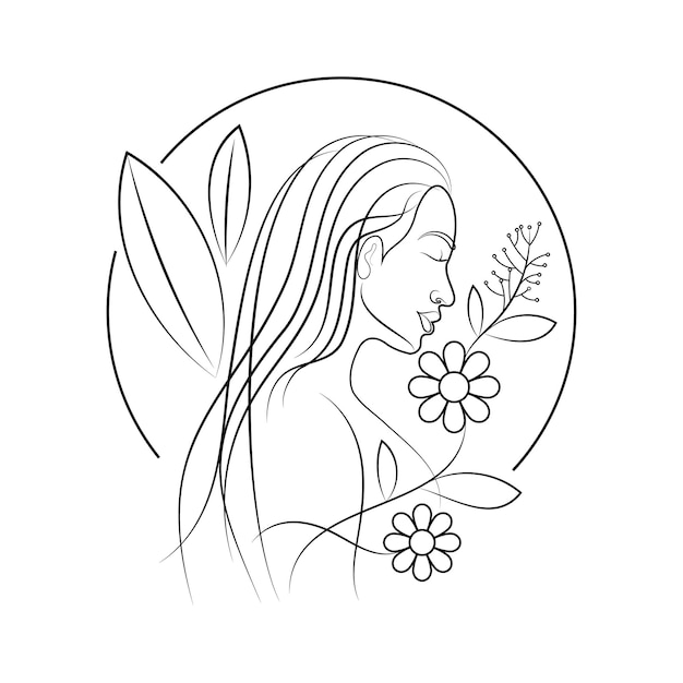 Cara lateral de mujer con flor y hojas mínimas obras de arte de línea en blanco y negro