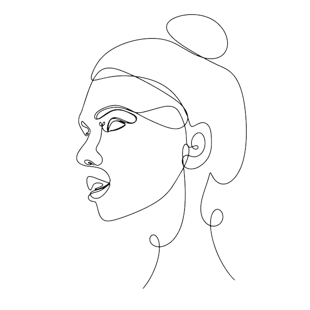 Cara de una línea Cara de mujer de boceto lineal Esquema de ilustración dibujado a mano de vector de retrato femenino