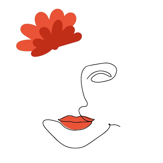 Cara de una línea Dibujo lineal cara de mujer Retrato femenino con labios rojos vector dibujado a mano ilustración contorno