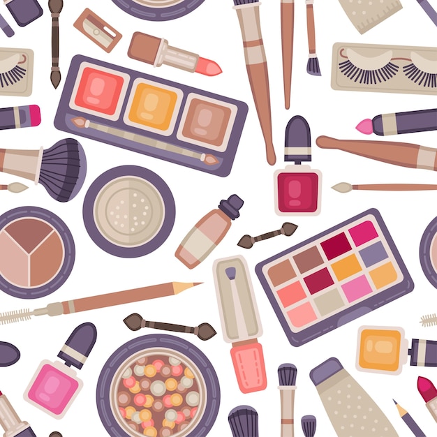 Cara maquillaje herramientas de patrones sin fisuras. Colección de artículos de cosmética decorativa