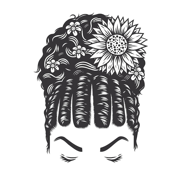 Cara de mujer afro natural hairstyle rizado flat twist bun peinados vintage con ilustración de arte de línea vectorial de flores.