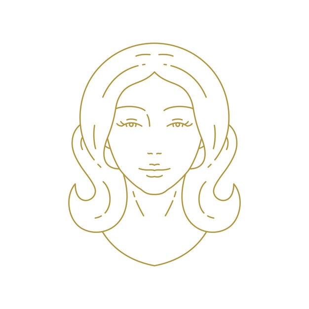 Cara de mujer de belleza elegante con cabello romántico mínimo línea dorada arte icono ilustración vectorial
