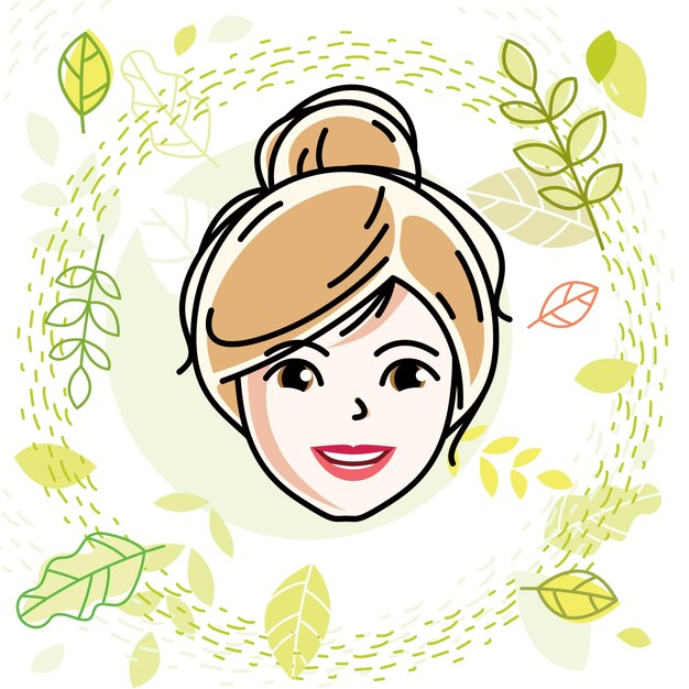 Cara de mujer caucásica que expresa emociones positivas, ilustración vectorial de cabeza humana. Atractiva mujer rubia con elegantes poses de corte de pelo en el fondo del tema de la temporada de primavera.