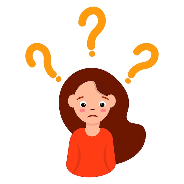 Cara de mujer confundida Ilustración de vector plano simple del concepto de problema de dilema de pregunta aislado en el negocio de personaje de dibujos animados blanco que pide marca de análisis