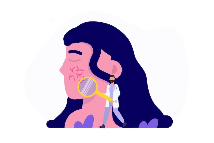 Vector cara de mujer con couperosa o concepto de rosácea ilustración plana vectorial de fondo blanco aislado